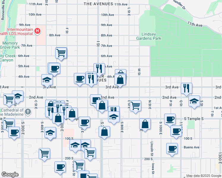 map of restaurants, bars, coffee shops, grocery stores, and more near 653 3rd Avenue in Salt Lake City
