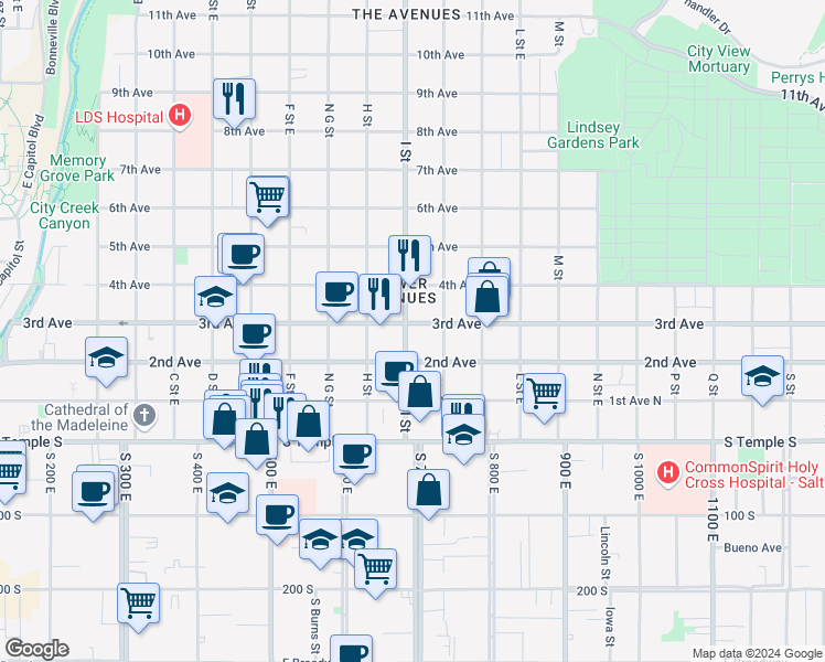 map of restaurants, bars, coffee shops, grocery stores, and more near 156 I Street in Salt Lake City
