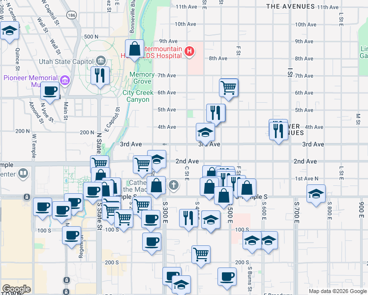 map of restaurants, bars, coffee shops, grocery stores, and more near in Salt Lake City
