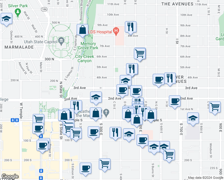 map of restaurants, bars, coffee shops, grocery stores, and more near in Salt Lake City