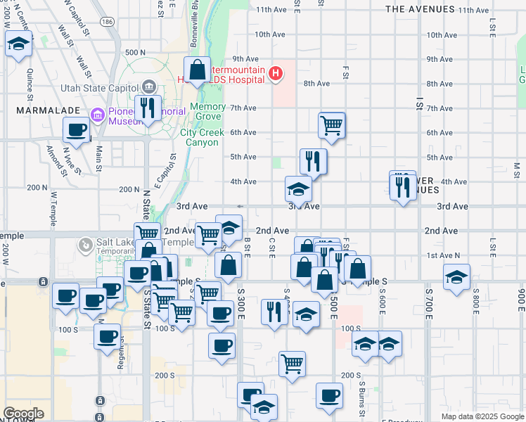 map of restaurants, bars, coffee shops, grocery stores, and more near in Salt Lake City