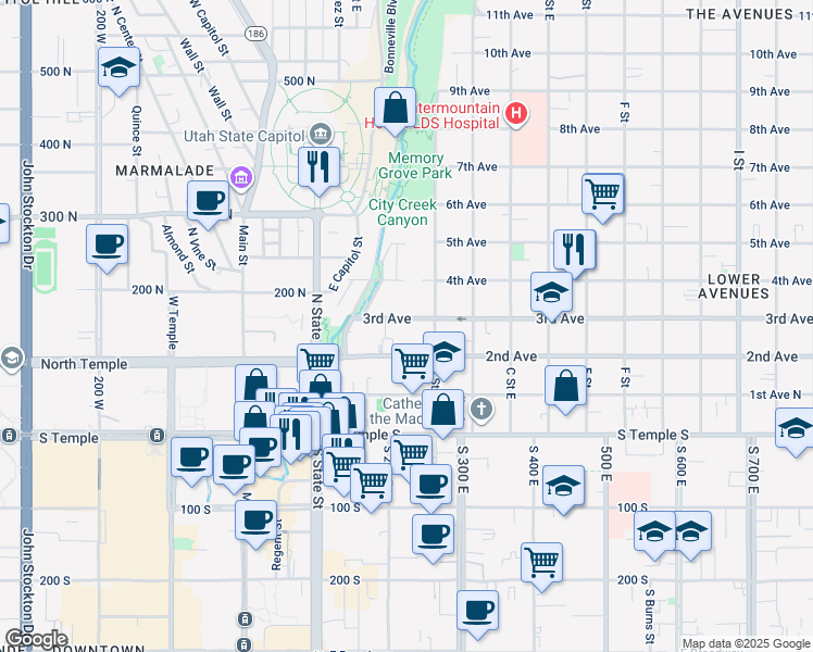 map of restaurants, bars, coffee shops, grocery stores, and more near 171 East 3rd Avenue in Salt Lake City