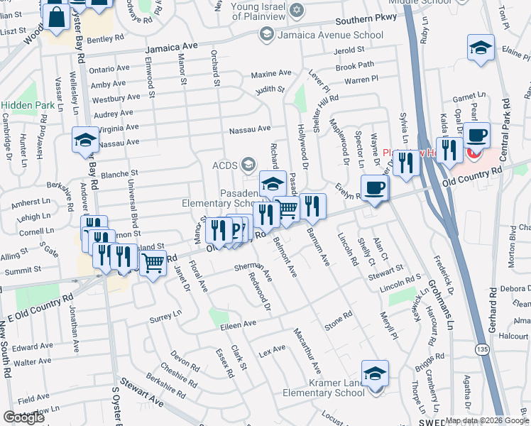 map of restaurants, bars, coffee shops, grocery stores, and more near 3 Richard Court in Plainview