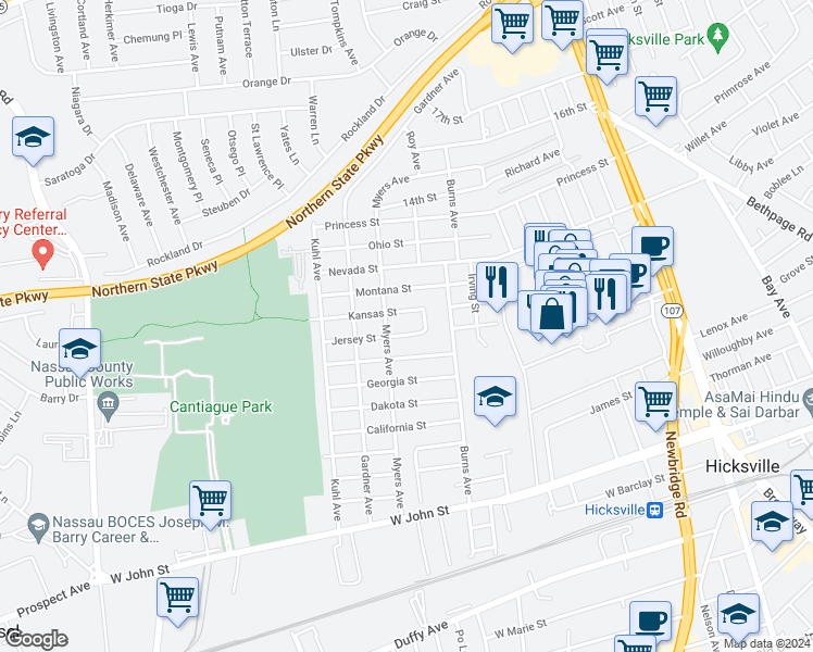 map of restaurants, bars, coffee shops, grocery stores, and more near 84 Myers Avenue in Hicksville