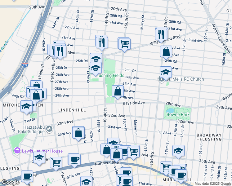 map of restaurants, bars, coffee shops, grocery stores, and more near 27-10 149th Street in Queens