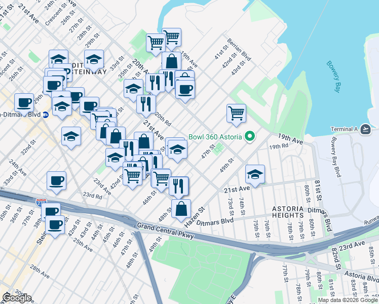 map of restaurants, bars, coffee shops, grocery stores, and more near 20-67 45th Street in Queens