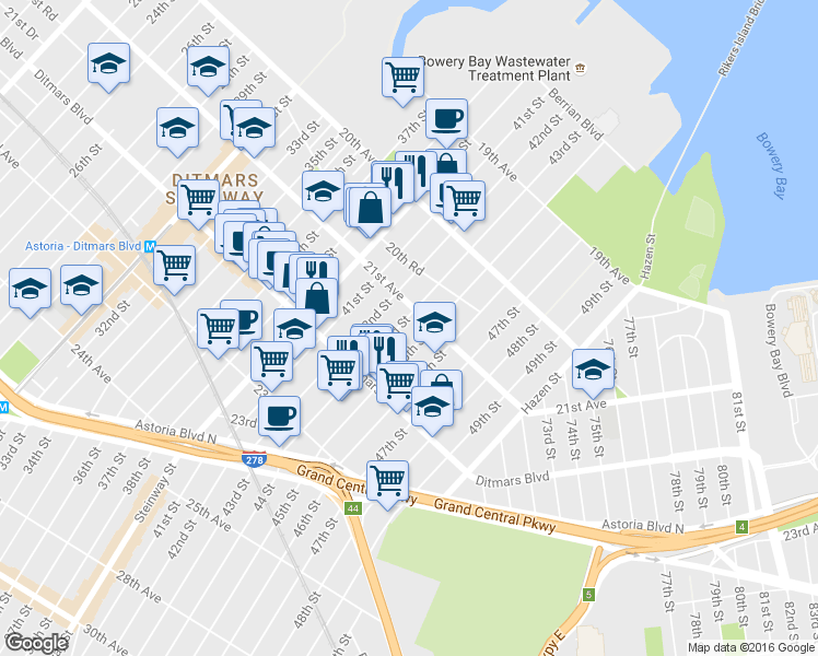 map of restaurants, bars, coffee shops, grocery stores, and more near 42-20 21st Avenue in Queens