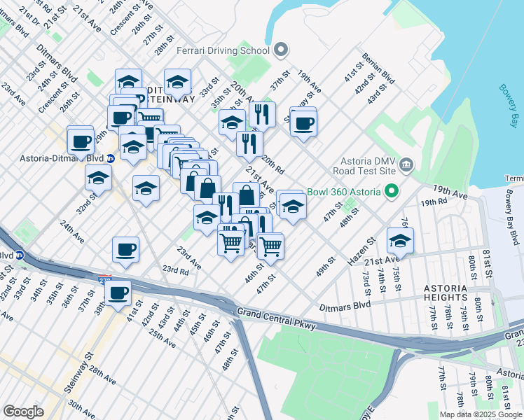 map of restaurants, bars, coffee shops, grocery stores, and more near 21-36 42nd Street in Queens