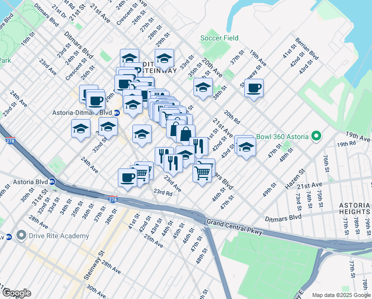 map of restaurants, bars, coffee shops, grocery stores, and more near 2200 38th Street in Queens
