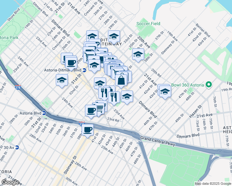 map of restaurants, bars, coffee shops, grocery stores, and more near 22-29 37th Street in Queens