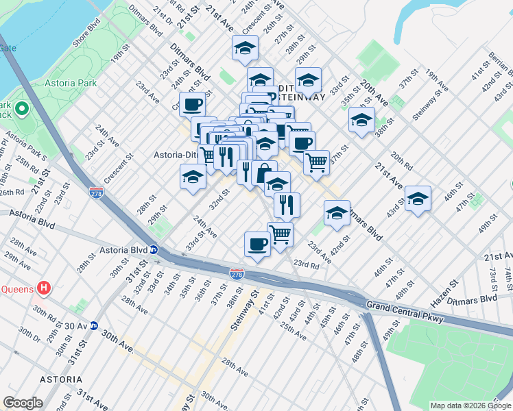 map of restaurants, bars, coffee shops, grocery stores, and more near 35-01 23rd Avenue in Queens