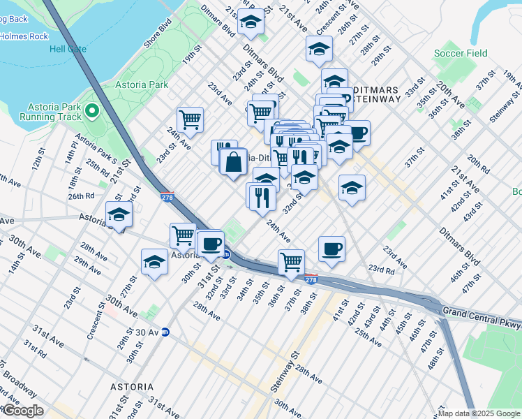 map of restaurants, bars, coffee shops, grocery stores, and more near 2919 24th Avenue in Queens