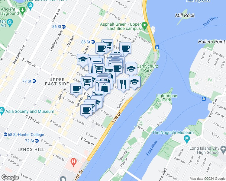 map of restaurants, bars, coffee shops, grocery stores, and more near 506 East 82nd Street in New York