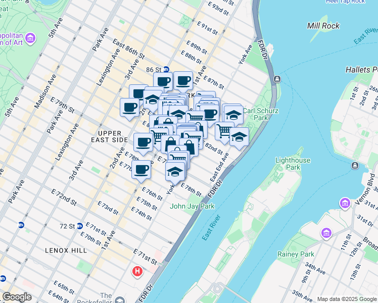 map of restaurants, bars, coffee shops, grocery stores, and more near 451 East 81st Street in New York