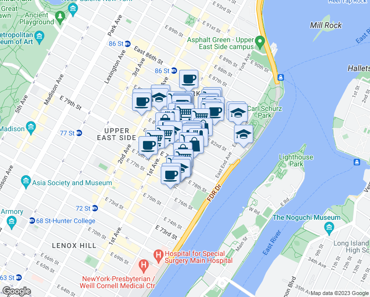 map of restaurants, bars, coffee shops, grocery stores, and more near 451 East 81st Street in New York