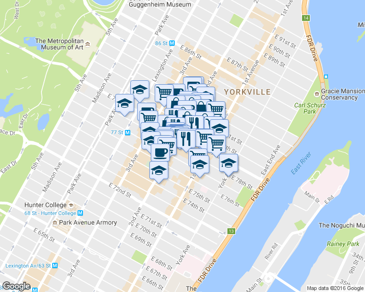 map of restaurants, bars, coffee shops, grocery stores, and more near in New York
