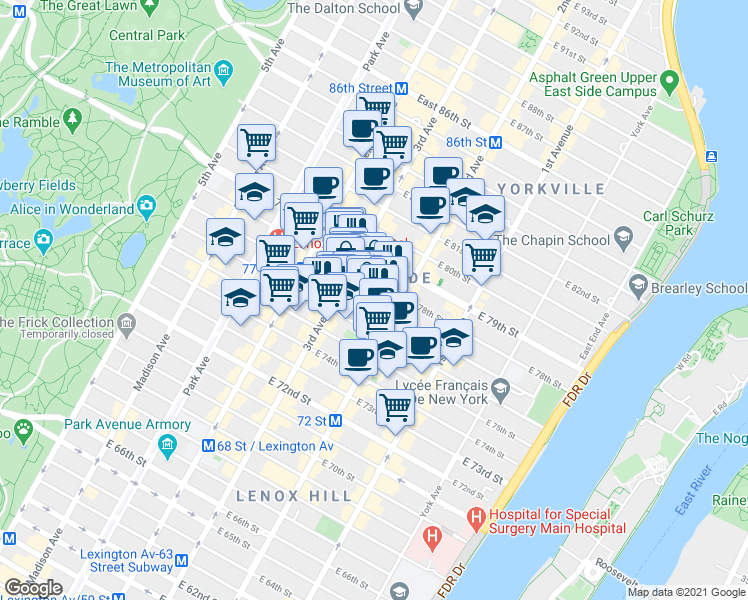 map of restaurants, bars, coffee shops, grocery stores, and more near 205 East 77th Street in New York