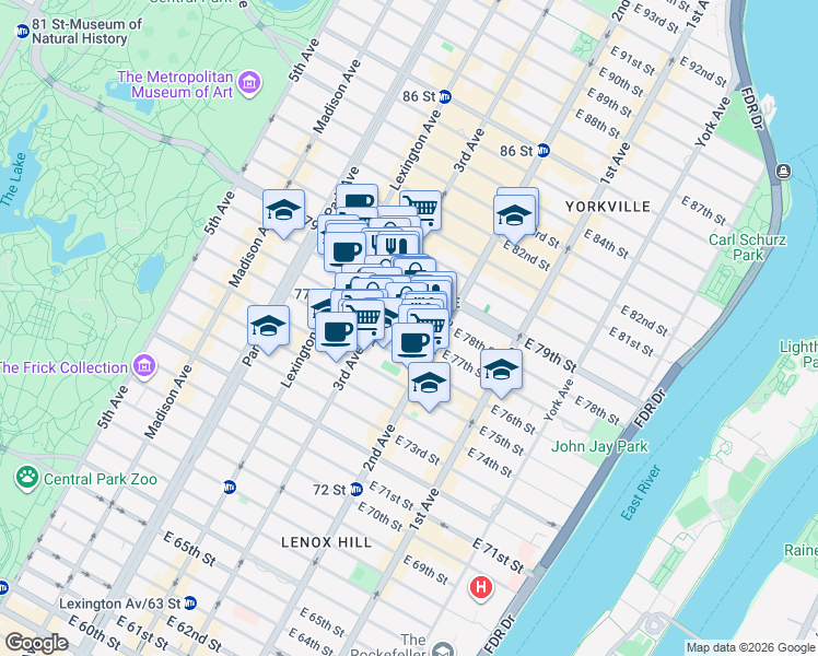map of restaurants, bars, coffee shops, grocery stores, and more near 205 East 77th Street in New York