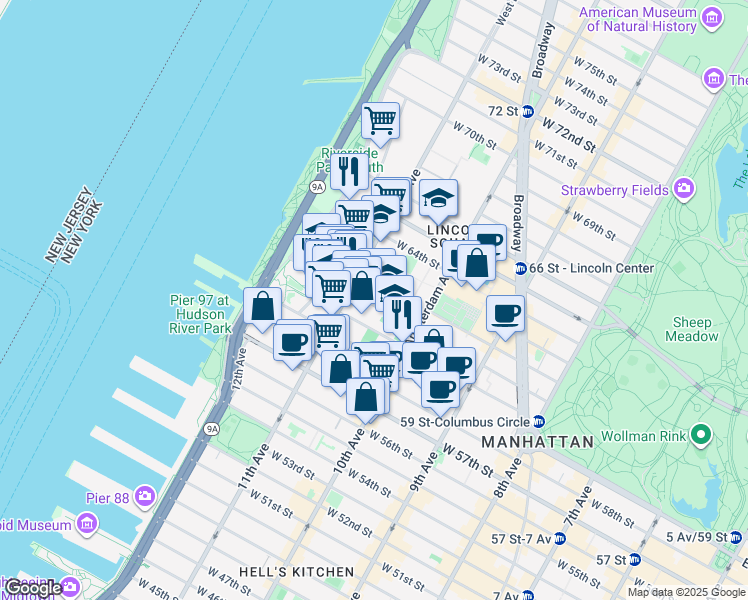 map of restaurants, bars, coffee shops, grocery stores, and more near in New York