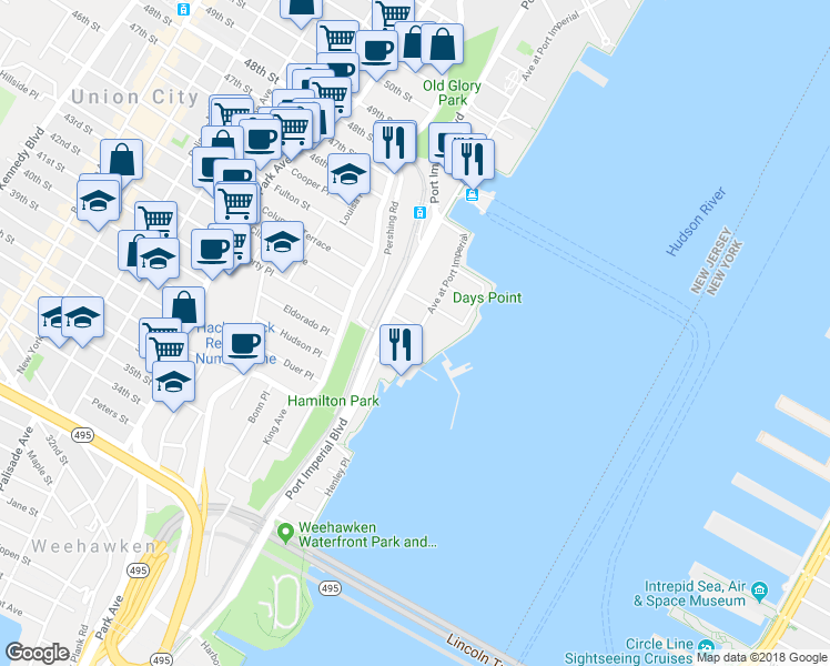 map of restaurants, bars, coffee shops, grocery stores, and more near 1300 Avenue at Port Imperial in Weehawken