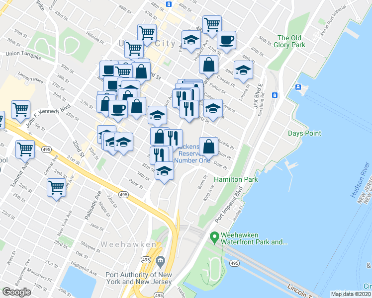 map of restaurants, bars, coffee shops, grocery stores, and more near 164 Edgar Street in Weehawken