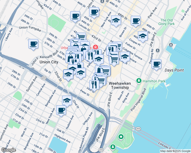 map of restaurants, bars, coffee shops, grocery stores, and more near 140 37th Street in Union City