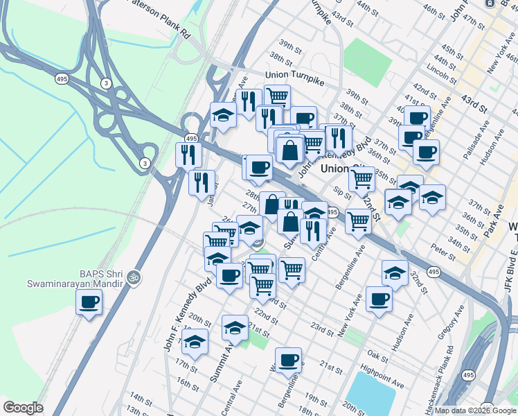 map of restaurants, bars, coffee shops, grocery stores, and more near 1217 28th Street in North Bergen