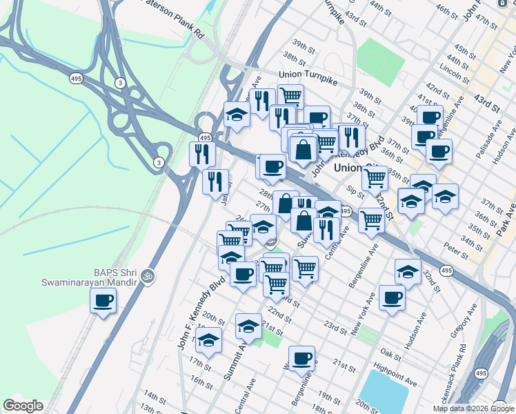 map of restaurants, bars, coffee shops, grocery stores, and more near 1217 28th Street in North Bergen