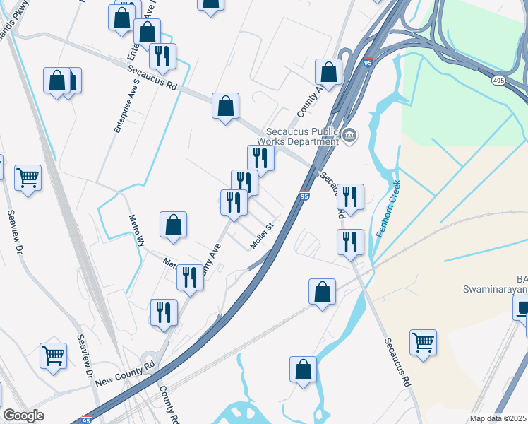 map of restaurants, bars, coffee shops, grocery stores, and more near 165 Washington Avenue in Secaucus