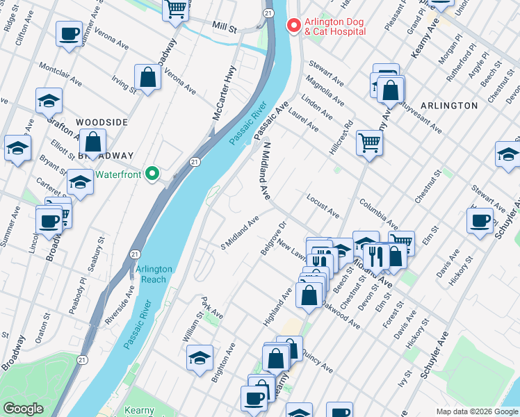 map of restaurants, bars, coffee shops, grocery stores, and more near 74 North Midland Avenue in Kearny
