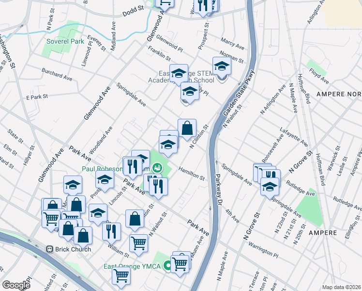 map of restaurants, bars, coffee shops, grocery stores, and more near 429 Springdale Avenue in East Orange