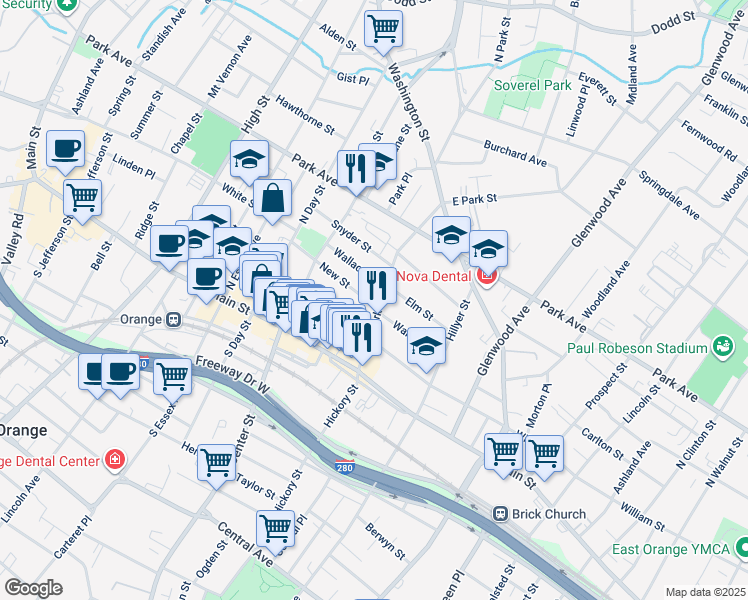 map of restaurants, bars, coffee shops, grocery stores, and more near 184 Wallace Street in City of Orange