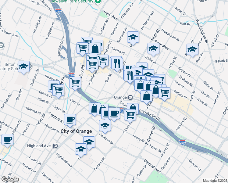 map of restaurants, bars, coffee shops, grocery stores, and more near 420 Main Street in City of Orange