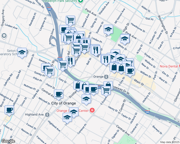 map of restaurants, bars, coffee shops, grocery stores, and more near 62 Bell Street in City of Orange