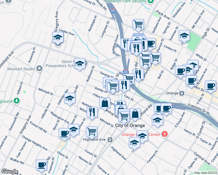 map of restaurants, bars, coffee shops, grocery stores, and more near 51 Riggs Place in West Orange