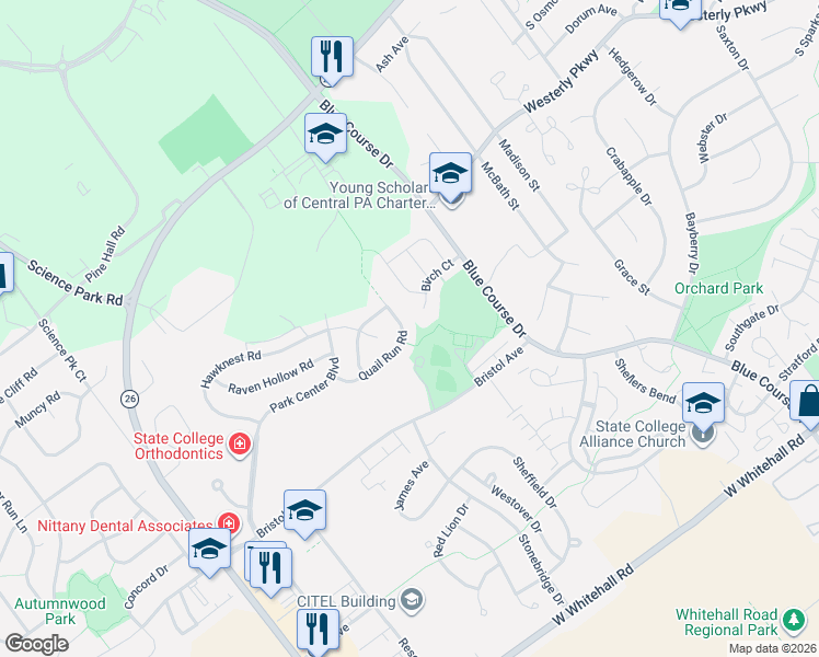 map of restaurants, bars, coffee shops, grocery stores, and more near 2158 Quail Run Road in State College