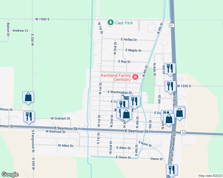 map of restaurants, bars, coffee shops, grocery stores, and more near 506 North 2nd Street in Kentland