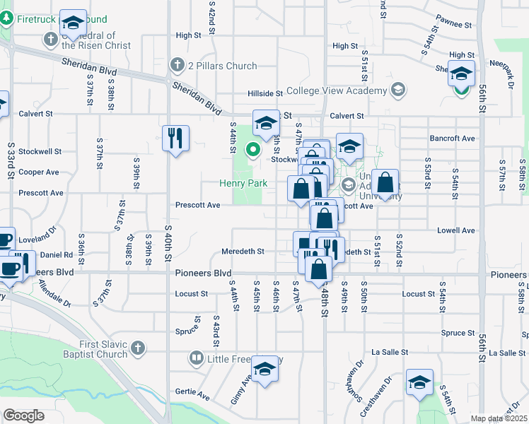 map of restaurants, bars, coffee shops, grocery stores, and more near 3943 South 46th Street in Lincoln