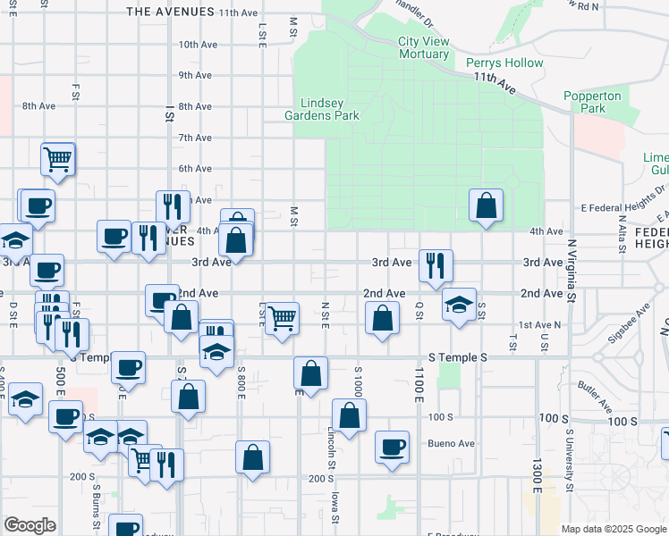 map of restaurants, bars, coffee shops, grocery stores, and more near 860 East 3rd Avenue in Salt Lake City