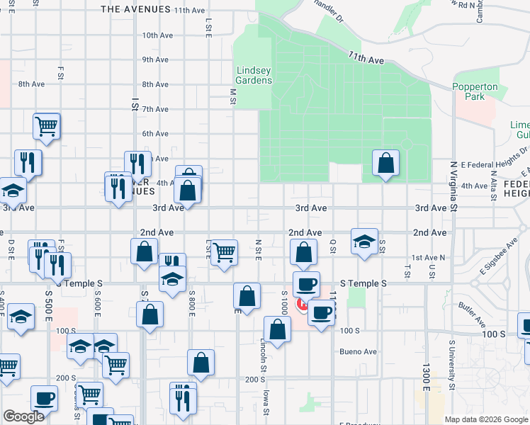 map of restaurants, bars, coffee shops, grocery stores, and more near 860 East 3rd Avenue in Salt Lake City