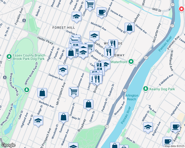 map of restaurants, bars, coffee shops, grocery stores, and more near Elwood Ave & Lincoln Ave in Newark