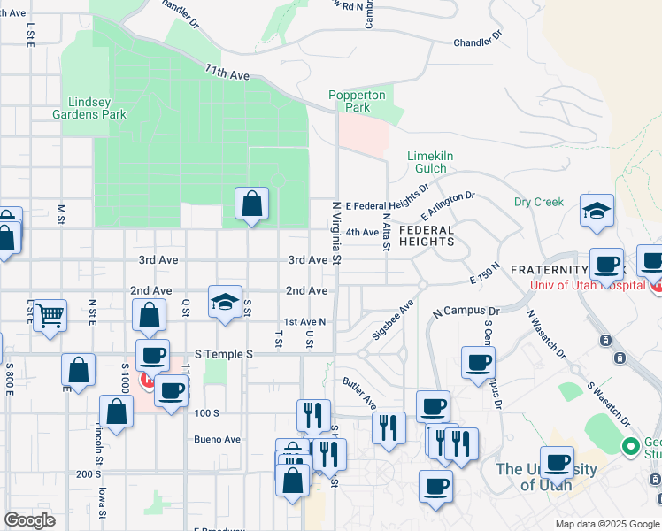 map of restaurants, bars, coffee shops, grocery stores, and more near 139 North Virginia Street in Salt Lake City