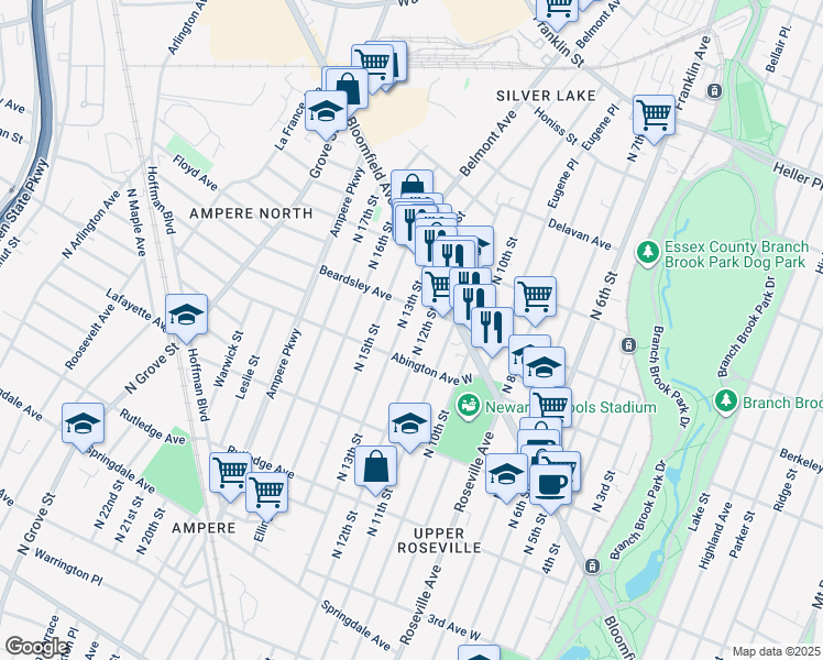 map of restaurants, bars, coffee shops, grocery stores, and more near 496 North 13th Street in Newark