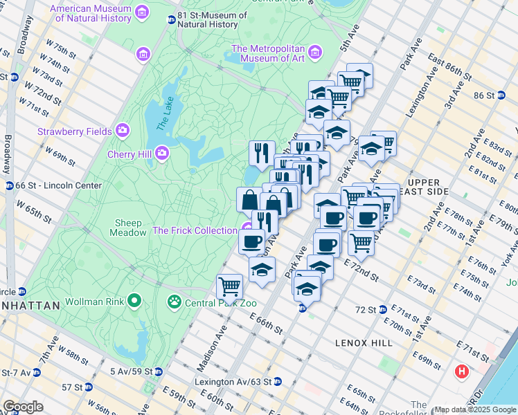 map of restaurants, bars, coffee shops, grocery stores, and more near 909 5th Avenue in New York