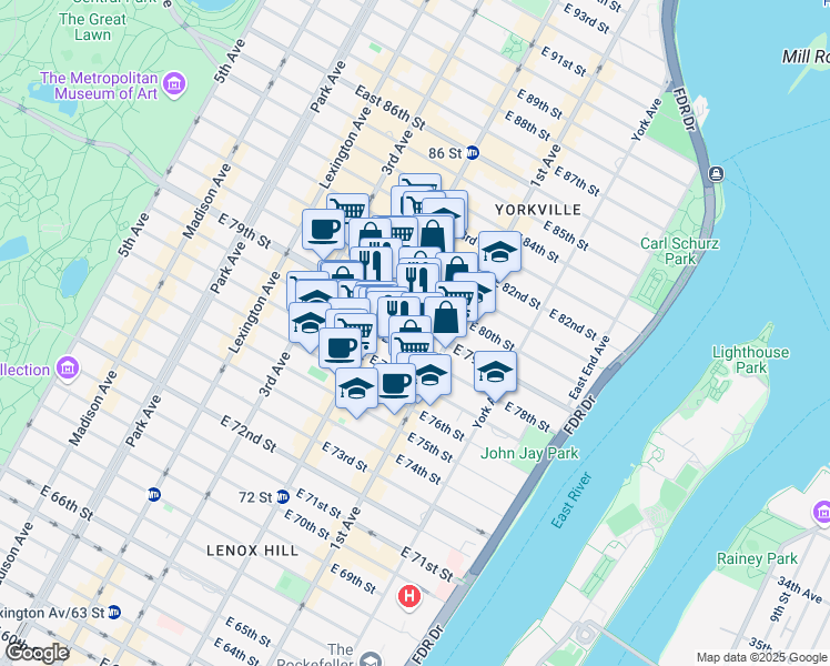 map of restaurants, bars, coffee shops, grocery stores, and more near 330 East 79th Street in New York