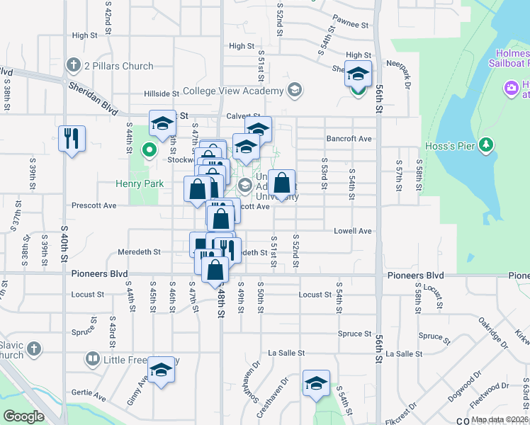 map of restaurants, bars, coffee shops, grocery stores, and more near 5011 Prescott Avenue in Lincoln