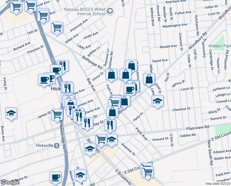 map of restaurants, bars, coffee shops, grocery stores, and more near 223 Park Avenue in Hicksville