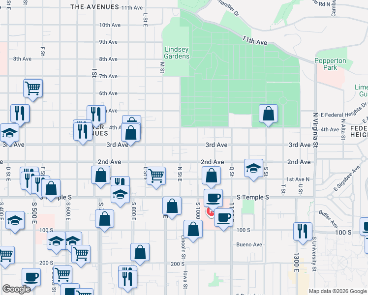 map of restaurants, bars, coffee shops, grocery stores, and more near 860 East 3rd Avenue in Salt Lake City