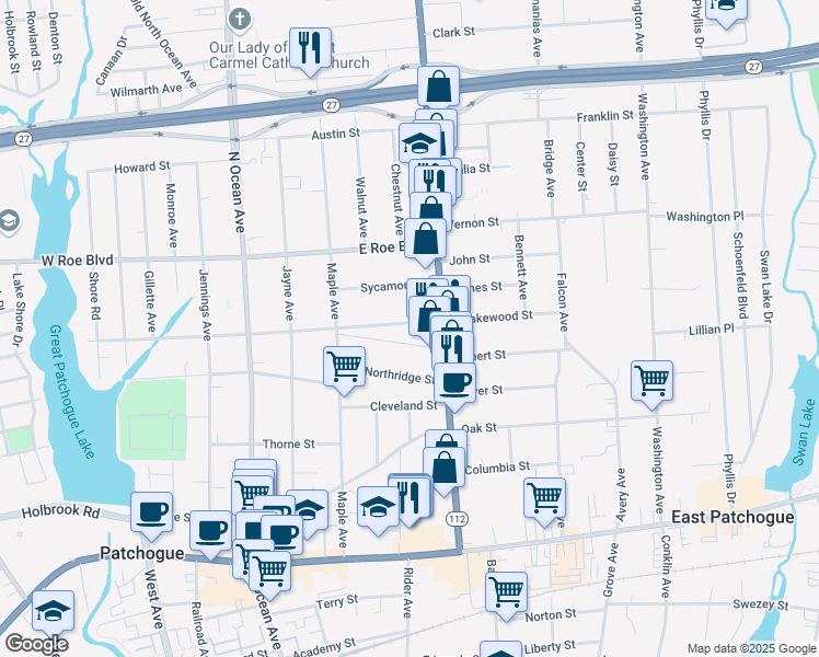 map of restaurants, bars, coffee shops, grocery stores, and more near 114 East Lakewood Street in Patchogue
