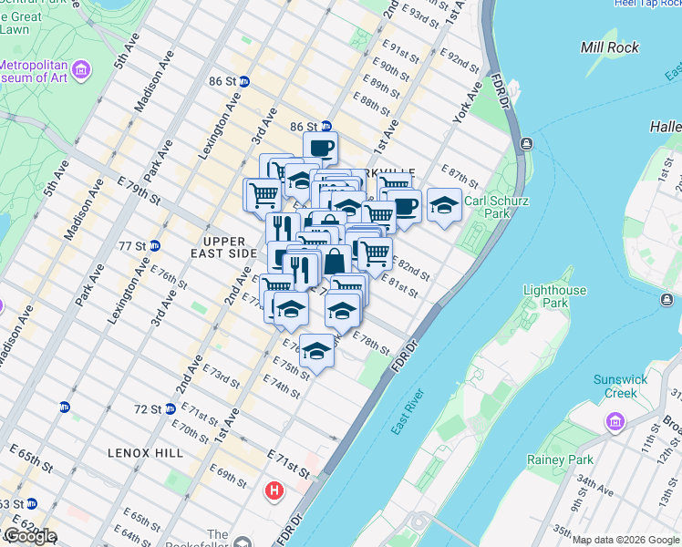 map of restaurants, bars, coffee shops, grocery stores, and more near 415-419 East 80th Street in New York